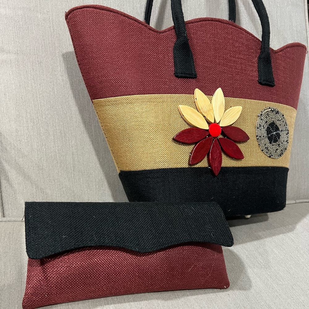 Elegant Burgundy and Black Tote Bag Set
